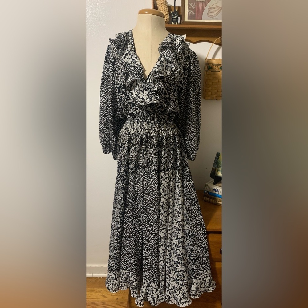 Diane Freis Vintage 80s Georgette Boho Dress Smocked Waist Balloon Sleeves